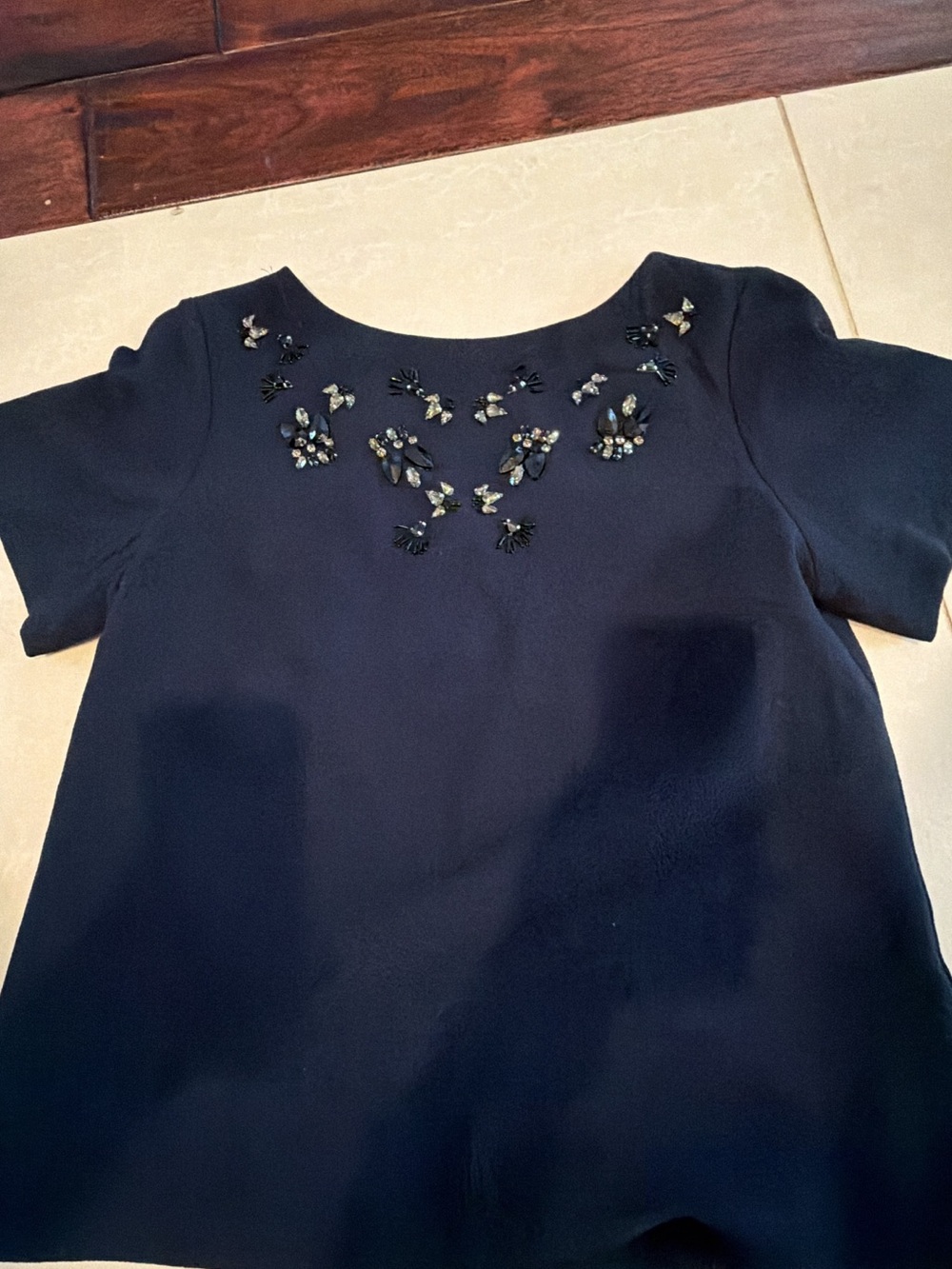 Girls Navy Short-Sleeve Dress with Beaded Neckline Ptp 18
